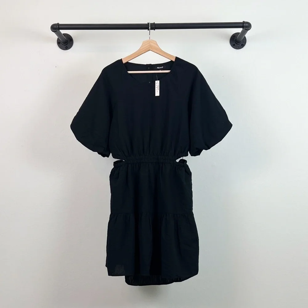 NWT Madewell Seersucker Puff-Sleeve Cutout Mini Dress in Black - Picture 7 of 10